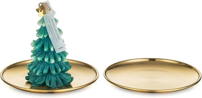Romadedi Gold Pillar Candle Holders Decor - 5.5 Inch Round Candle Tray Decorative Brass Metal Plate Candle Srand for 3 Wick Candles Jars for Coffee Table Countertop Home Decorations, Set of 2