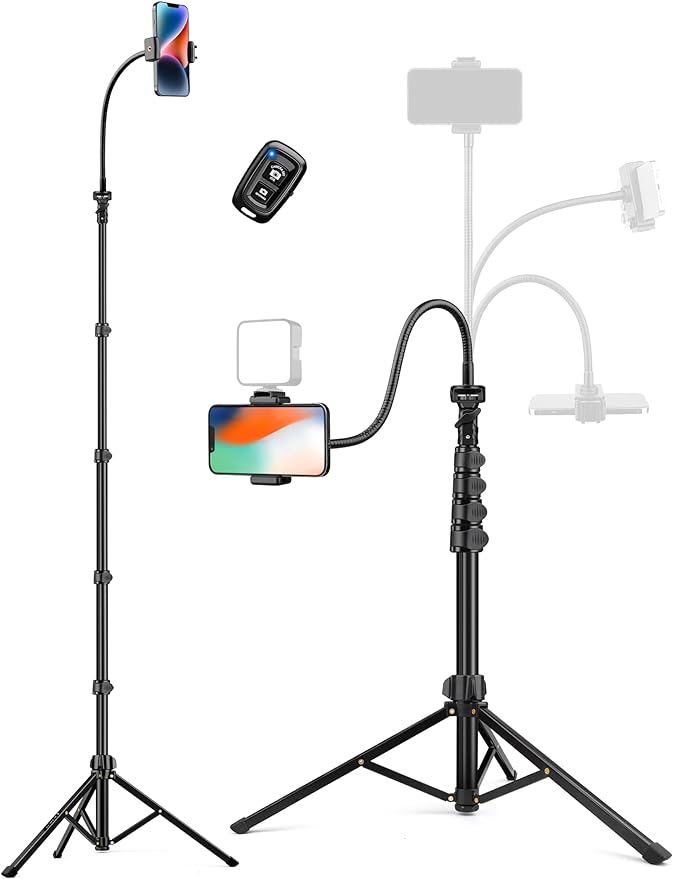 Phone Tripod Stand, 84" Tall Flexible Cellphone Tripod for iPhone with Gooseneck Remote, Portable Phone Stand for Recording, Compatible with iPhone 14 13 12 pro Android Camera