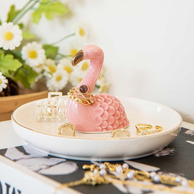 Flamingo Ring Holder Dish, Ceramic Jewelry Tray Trinket Dish for Necklace Keychain Organizer, Cute Funny Birthday Wedding Mothers Day Gift for Women Friends Girls