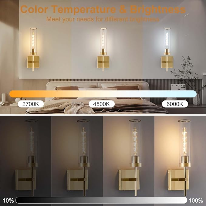 Wall Sconces,Gold Battery Operated Wall Sconce Dimmable Touch 3000K/6000K 2 Color Bulbs 8000mAh Fast Chargin Endurance 100 Hours with Remote Control Wireless Wall Lights for Bedroom Living Room