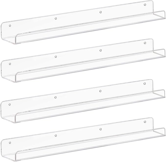 Weiai Clear Acrylic Floating Shelves 24 inches, Wall Bookshelf for Kids, Transparent Book Shelf Ledge for Wall, Set of 4