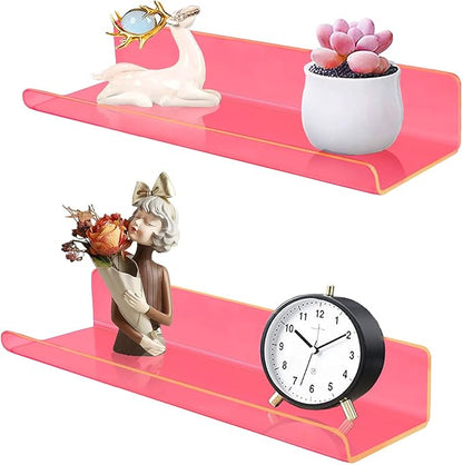 ROYALITA Small Acrylic Shelves Wall Mounted | Set of 2 | 12 Inches | Wall Hanging Plant Display Shelves, Room Decor Floating Wall Shelves for Gaming Room Bedroom, Living Room, Office, Pink