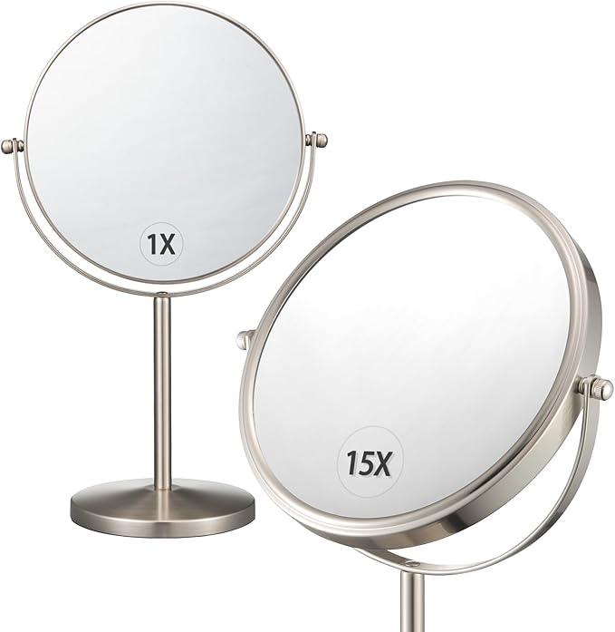 ALHAKIN 1X/15X Magnifying Makeup Mirror, Double Sided Mirror with Stand, Tabletop Desk Mirror 360°Rotation for Bathroom, Nickel