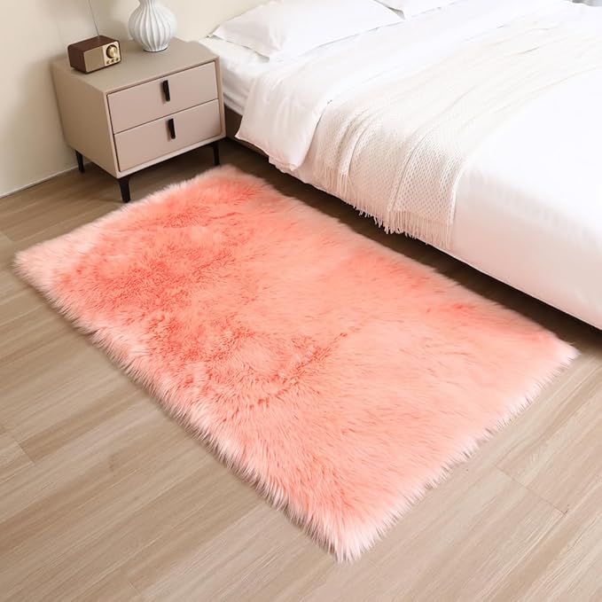 Fluffy Faux Fur Rug Pink Sheepskin Area Rug,3x5 Ft Ultra Soft Shaggy Plush Rug for Bedroom Bedside Living Room Nursery Kids Room