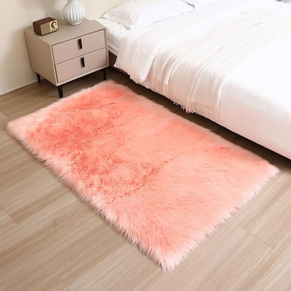 Fluffy Faux Fur Rug Pink Sheepskin Area Rug,3x5 Ft Ultra Soft Shaggy Plush Rug for Bedroom Bedside Living Room Nursery Kids Room