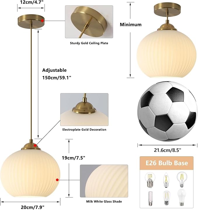 KCO Lighting Mid Century 1-Light Globe Pendant Light Industrial Vintage Brass Gold Pendant Lighting Fixture Kitchen Island Adjustable White Glass Hanging Ceiling Lights