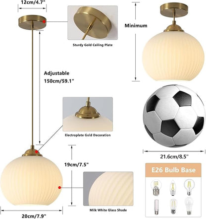 KCO Lighting Mid Century 1-Light Globe Pendant Light Industrial Vintage Brass Gold Pendant Lighting Fixture Kitchen Island Adjustable White Glass Hanging Ceiling Lights
