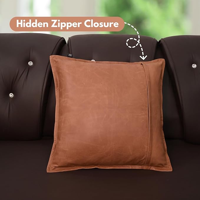 D DOLLY LAMB Lambskin Leather Pillow Cover - Sofa Cushion Case - Decorative Throw Covers for Living Room & Bedroom, 20x20 Inches - Antique Brown Box Pack of 1
