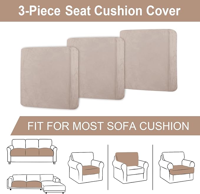 Couch Cushion Cover Velvet 3 Pieces Seat Cushion Cover Stretch Sofa Covers Separate Sectional Sofa Slipcovers Furniture Protector (3-Seater or Backrest, Tan)