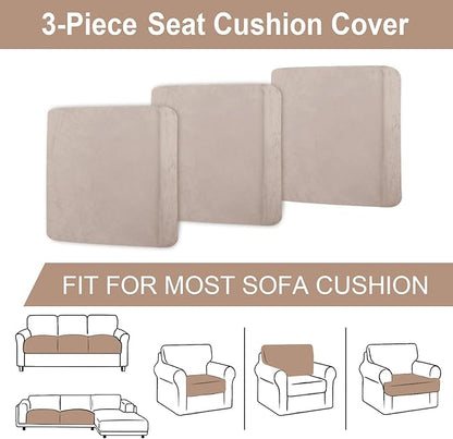 Couch Cushion Cover Velvet 3 Pieces Seat Cushion Cover Stretch Sofa Covers Separate Sectional Sofa Slipcovers Furniture Protector (3-Seater or Backrest, Tan)