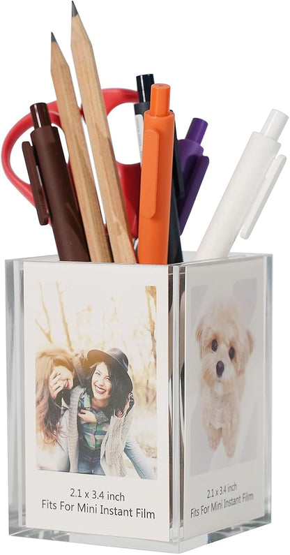 GOLDBARLEY Instax Mini 2x3 Polaroid Photo Acrylic Frame,Small Picture Mini Cute Display Holder for Fujifilm Instax Mini 3-inch Photos Display, Clear Acrylic Photo Pen Holder,Office Desk Organizer