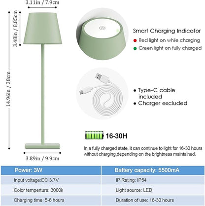 2-Pack LED Cordless Table Lamp, Rechargeable Battery Desk lamp 3W 5500mAh Battery Operated Stepless Dimming Modern Portable Table Light for Restaurant/Bedroom/Outdoor IP54 Waterproof (Green)