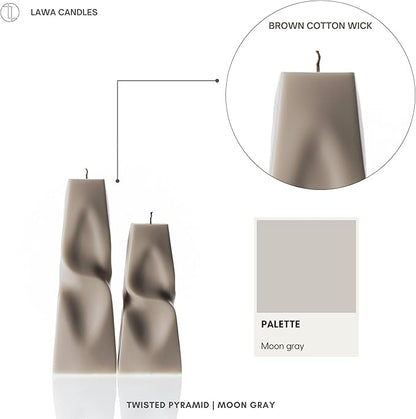 LAWA Twisted Pyramid Candle - Beautiful Handmade Pillar Soy Wax Elegant Aesthetic Candle Housewarming Gift Home Room Shelf Decor Idea (Set of 2) (Moon Gray)