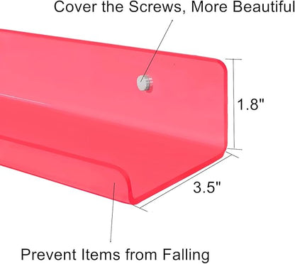 ROYALITA Small Acrylic Shelves Wall Mounted | Set of 2 | 12 Inches | Wall Hanging Plant Display Shelves, Room Decor Floating Wall Shelves for Gaming Room Bedroom, Living Room, Office, Pink
