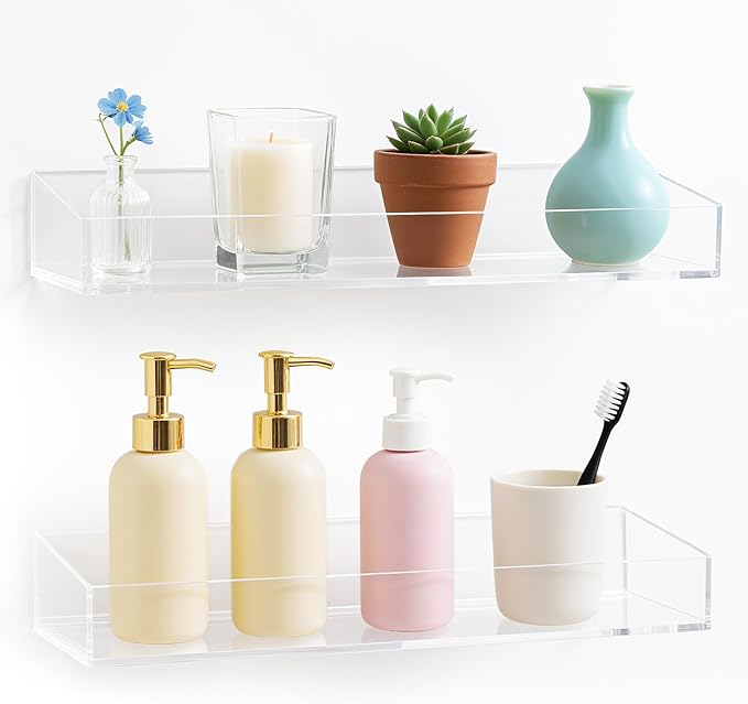 Acrylic Bathroom Shelves Set of 2,15" Thick Wall Mounted Floating Shelves -Transparent Shower Organizer Storage and Display Shelving Clear Adhesive Wall Rack for Bedroom,Kitchen,Ofiice,Living Room