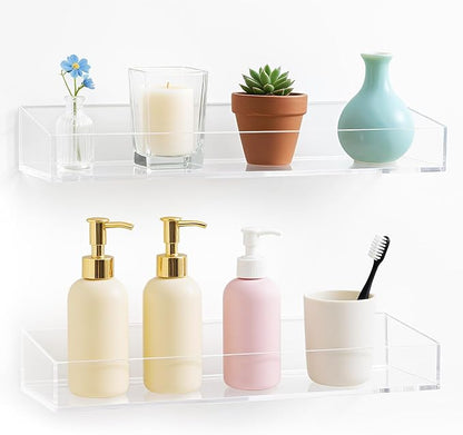 Acrylic Bathroom Shelves Set of 2,15" Thick Wall Mounted Floating Shelves -Transparent Shower Organizer Storage and Display Shelving Clear Adhesive Wall Rack for Bedroom,Kitchen,Ofiice,Living Room