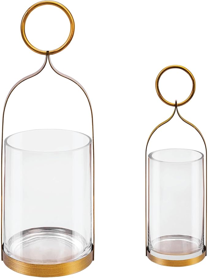 4" & 6" Wide Handmade Sturdy Glass Cylinder Jar with Metal Stand in Antique Brass, Display Glass Container for Candles and Plants, Hurricane Lantern, Candle Holder, Industrial, Farmhouse, Outdoor