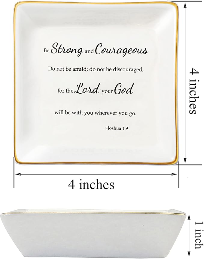 JoycuFF Christian Gifts for Women Inspirational Religious Jewelry Trinket Dish Birthday Gifts for Sister Daughter Mother Aunt Christians Be Strong and Courageous Ring Holder