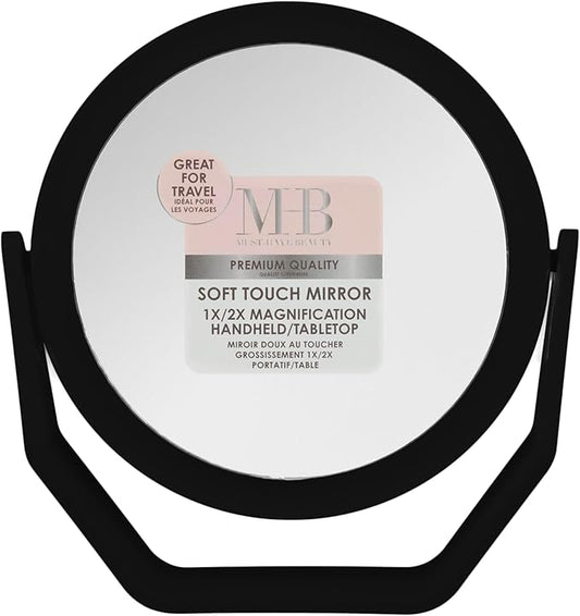 EXPRESSIONS Premium Soft Touch Rotating Mirror - Round Black Vanity Mirror, Handheld or Tabletop, 1x/2x Magnification Makeup Mirror, Small Desk or Travel Mirror