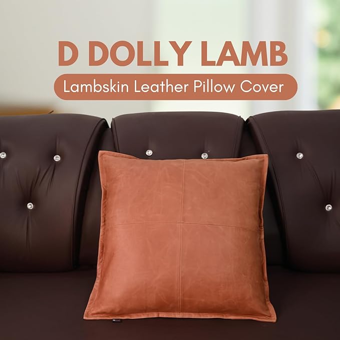 D DOLLY LAMB Lambskin Leather Pillow Cover - Sofa Cushion Case - Decorative Throw Covers for Living Room & Bedroom, 22x22 Inches - Orange Crunch Box Pack of 1