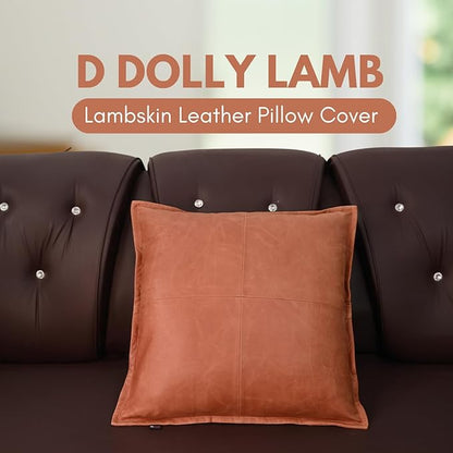 D DOLLY LAMB Lambskin Leather Pillow Cover - Sofa Cushion Case - Decorative Throw Covers for Living Room & Bedroom, 22x22 Inches - Orange Crunch Box Pack of 2