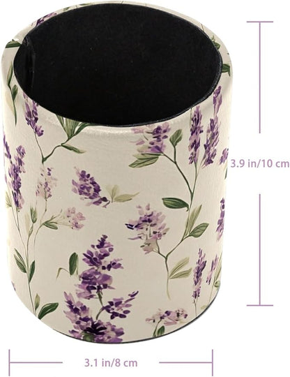 Round Pen Holder for Desk, Leather Pen Pencil Cup, Decorative Desk Stationery Supplies Organizer for Home Office Classroom, Cute Purple lavender and Sage Green Leaves on a Cream Background