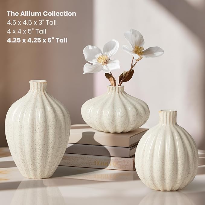 Torre & Tagus Allium Reactive Glaze Ceramic Bud Vase - 6 Inch Small Flower Vase & Small Ceramic Vases for Flowers, Handmade Ribbed Bud Vases for Home Decor & Wedding Decor for Table