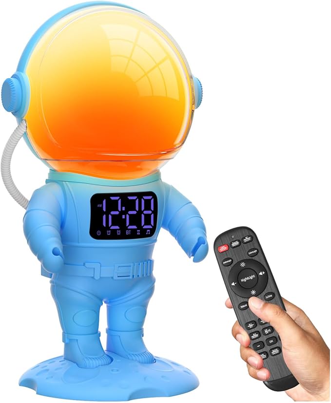 Astronaut Sunrise Alarm Clock for Kids, White Noise Sound Machine with 30 Soothing Sounds, 22 Dimmable Nightlights, Bluetooth Speaker, Dual Digital Alarm Clocks, Wake Up Light for Bedroom, Adults