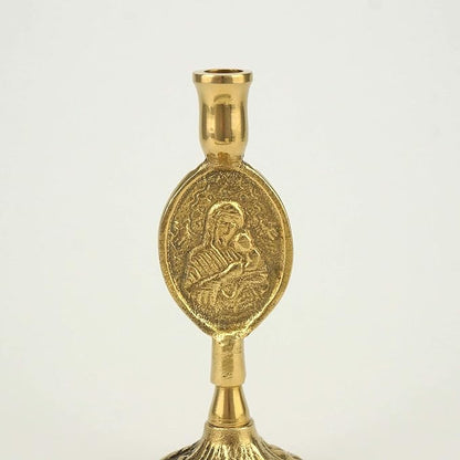 Theotokos Design Brass Candle Holder – Christian Candlestick for Thin Orthodox Candles, 3.74 in Height