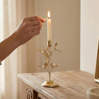 Candle Stick Holder Table Decor - Elegant Golden Metal Mistletoe Candle Holder Decorative for Coffee Gold for Living Room Symbol of Love and Life Flower Gifts 4.6 x 4.6 x 10 Inch Guichifun