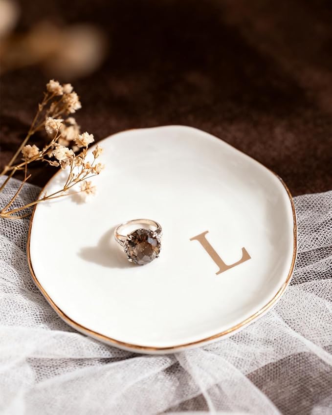 Fmeida Jewelry Tray Ring Dish for Women, Initials Ceramic Jewelry Dish, Personalized Aesthetic Decorative Birthday Valentines Mother's Day Christmas Gifts, 4.5", Rose Gold L
