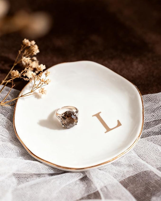 Fmeida Jewelry Tray Ring Dish for Women, Initials Ceramic Jewelry Dish, Personalized Aesthetic Decorative Birthday Valentines Mother's Day Christmas Gifts, 4.5", Rose Gold L