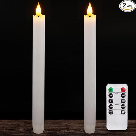Homemory 2 Pcs White Flameless Taper Candles with Remote and Timer, Real Wax Made 9.6" Battery Operated Candle Stick Flickering, Led Taper Candles with Lifelike Flame for Indoor Home Decor