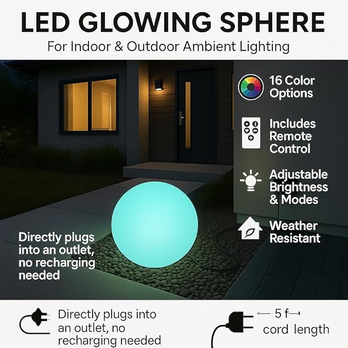 Modern Home Color-Changing LED Glow Ball - 16-Color Remote-Controlled Light Sphere w/Power Cord – Indoor/Outdoor Ambient Mood Lighting, Waterproof, Plug-in (20")