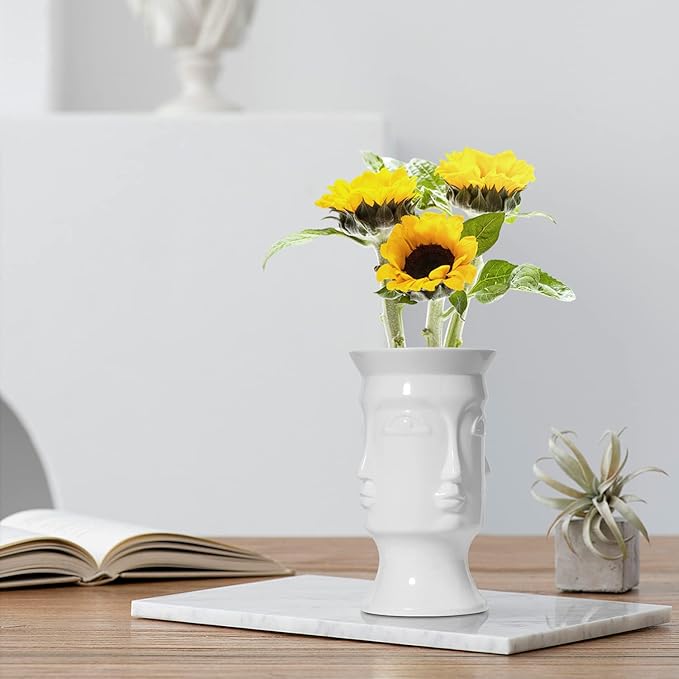 ComSaf Ceramic Flower Vase White, Modern Human Face Design Bud Vase Tall Posy Bouquet Centerpiece for Home, Wedding, Christmas Decoration (7 Inch Height)