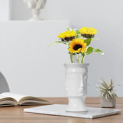 ComSaf Ceramic Flower Vase White, Modern Human Face Design Bud Vase Tall Posy Bouquet Centerpiece for Home, Wedding, Christmas Decoration (7 Inch Height)
