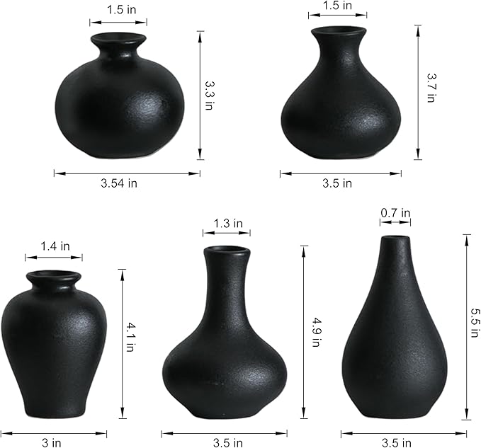 Tanvecle Small Black Vases, Ceramic Bud Vase Set of 5, Mini Pottery Vases for Pampas Grass, Flowers, Decorative Vases for Home Modern Decor, Rustic Decor, Veses for Living Room Dining Table Shelves
