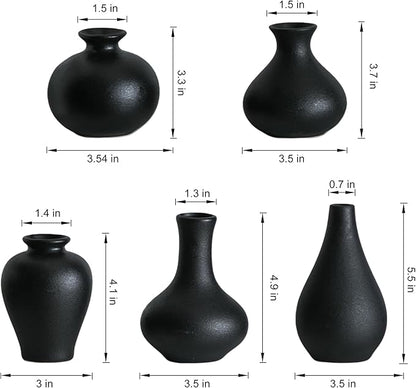 Tanvecle Small Black Vases, Ceramic Bud Vase Set of 5, Mini Pottery Vases for Pampas Grass, Flowers, Decorative Vases for Home Modern Decor, Rustic Decor, Veses for Living Room Dining Table Shelves