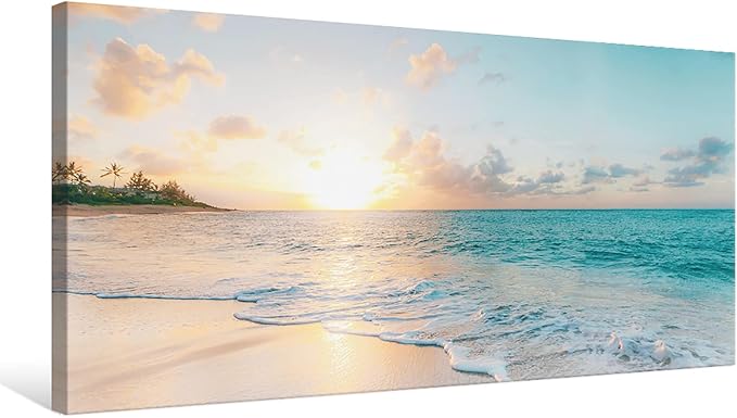 Goldfoilart Ocean Beach Sunset Canvas Wall Art for Bedroom Seascape Paintings Coastal Picture Framed Artwork for Bathroom Living Room Office Wall Decor 20" x 40"