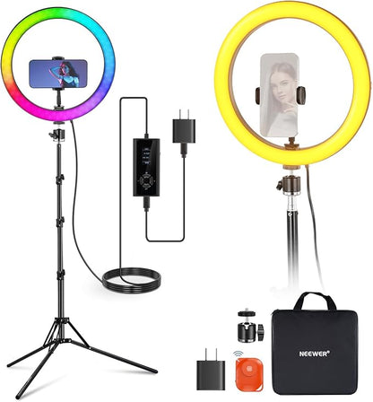 NEEWER 12" 24W High Power RGB LED Ring Light USB C PD Input Phone Selfie Lighting with Tripod Stand 2500-10000K CRI95+ TLCI97+ 1780lux/0.5m for iPhone Makeup Video Recording Studio Photography, RH12C