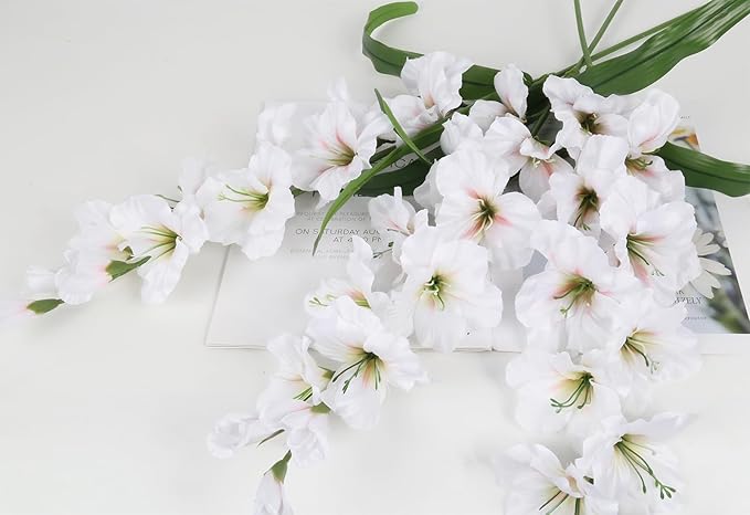 IPOPU 5PCS White Silk Gladiolus Long Stem Artificial Flowers, 33" Height, Classic Elegant Realistic Style for Tall Vase Wedding Centerpieces Home Table Party Decor