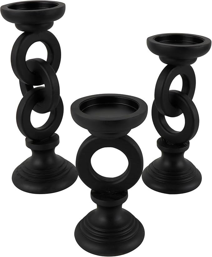 Deco 79 Wooden Decorative Candle Holder Chain Link Candle Stand, Set of 3 Candlestick Holder 13", 11", 9" H, Black