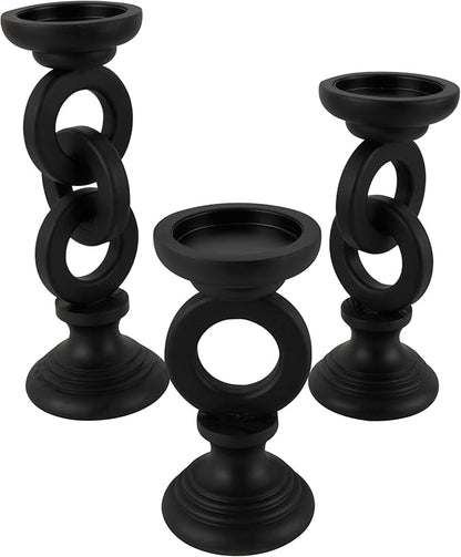 Deco 79 Wooden Decorative Candle Holder Chain Link Candle Stand, Set of 3 Candlestick Holder 13", 11", 9" H, Black