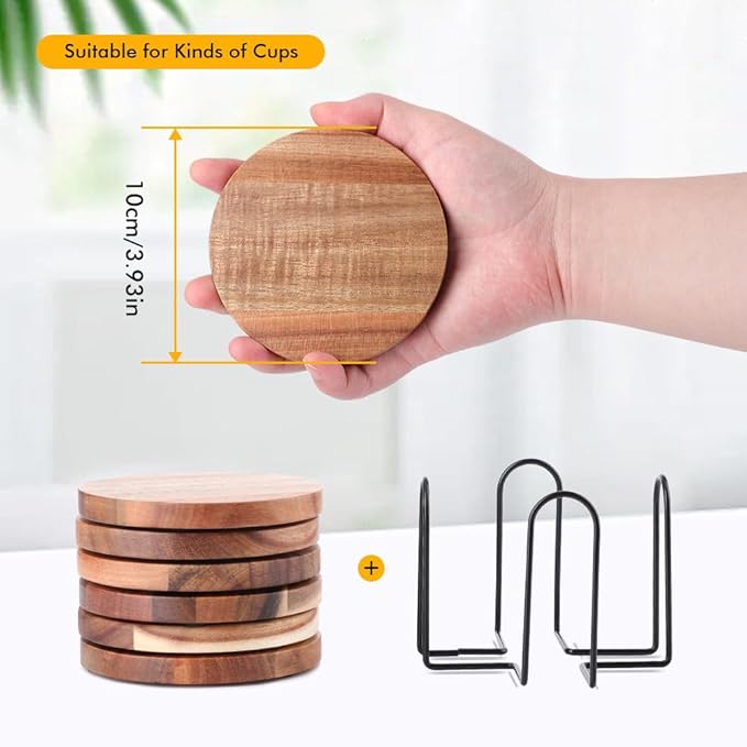 Wood Coasters for Drinks with Bottle Opener Holder Set of 6, Acacia Wooden Cup Coaster for Coffee Table Dining Table Desk with Non-Slip Pad for Dad Home Office Christmas Decor 4 Inch