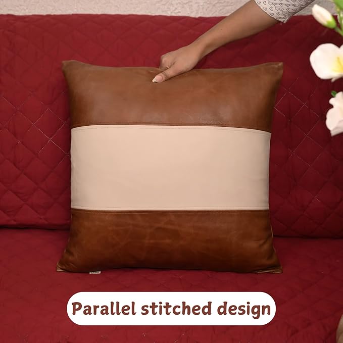 Lambskin Leather Pillow Cover - Sofa Cushion Case - Decorative Throw Covers for Living Room & Bedroom, 18x18 Inches - Tan & Off - White Plain Pack of 2