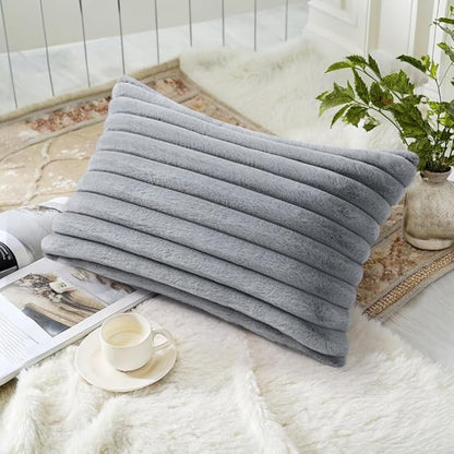 decorUhome Faux Fur Spring Throw Pillow Covers 12x20 Set of 2, Decorative Soft Plush Striped Lumbar Neutral Couch Pillow Covers with Velvet Back for Sofa, Bed, Living Room Home, Grey