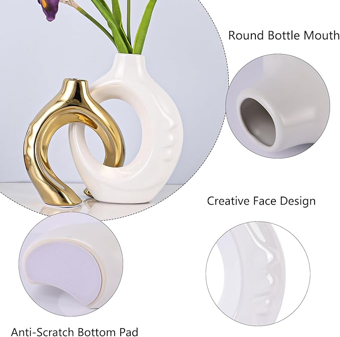 LCCCK White and Gold Ceramic Vases for Home Decor, Boho Vase for Flowers Pampas Grass Decorative, White Gold Hollow Donut Small Vase for Living Room Table Wedding Centerpiece Modern Vases