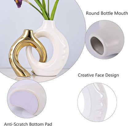 LCCCK White and Gold Ceramic Vases for Home Decor, Boho Vase for Flowers Pampas Grass Decorative, White Gold Hollow Donut Small Vase for Living Room Table Wedding Centerpiece Modern Vases