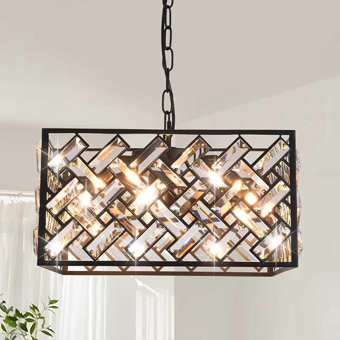 Modern Crystal Chandelier, 6-Light Black Chandeliers for Dining Room with Adjustable Chain, 51 Inch Ceiling Light Fixture for Bedroom, Foyer (Bulbs Not Included)