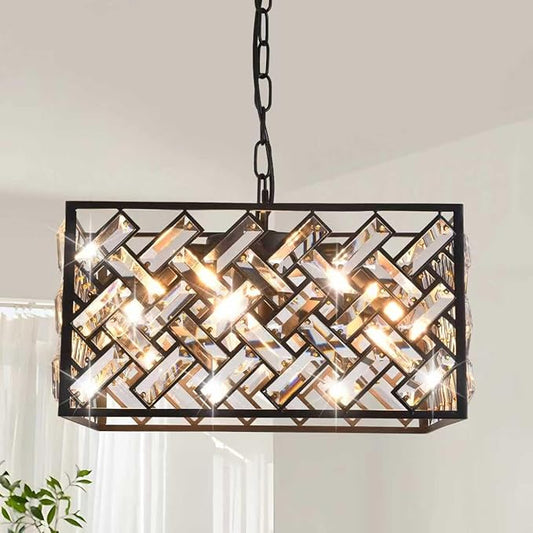 Modern Crystal Chandelier, 6-Light Black Chandeliers for Dining Room with Adjustable Chain, 51 Inch Ceiling Light Fixture for Bedroom, Foyer (Bulbs Not Included)